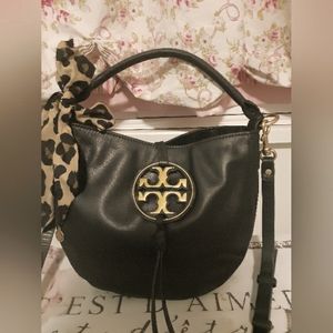 TORY BURCH MILLER METAL-LOGO MINI HOBO, BLACK W/TB  NECKTIE SCARF